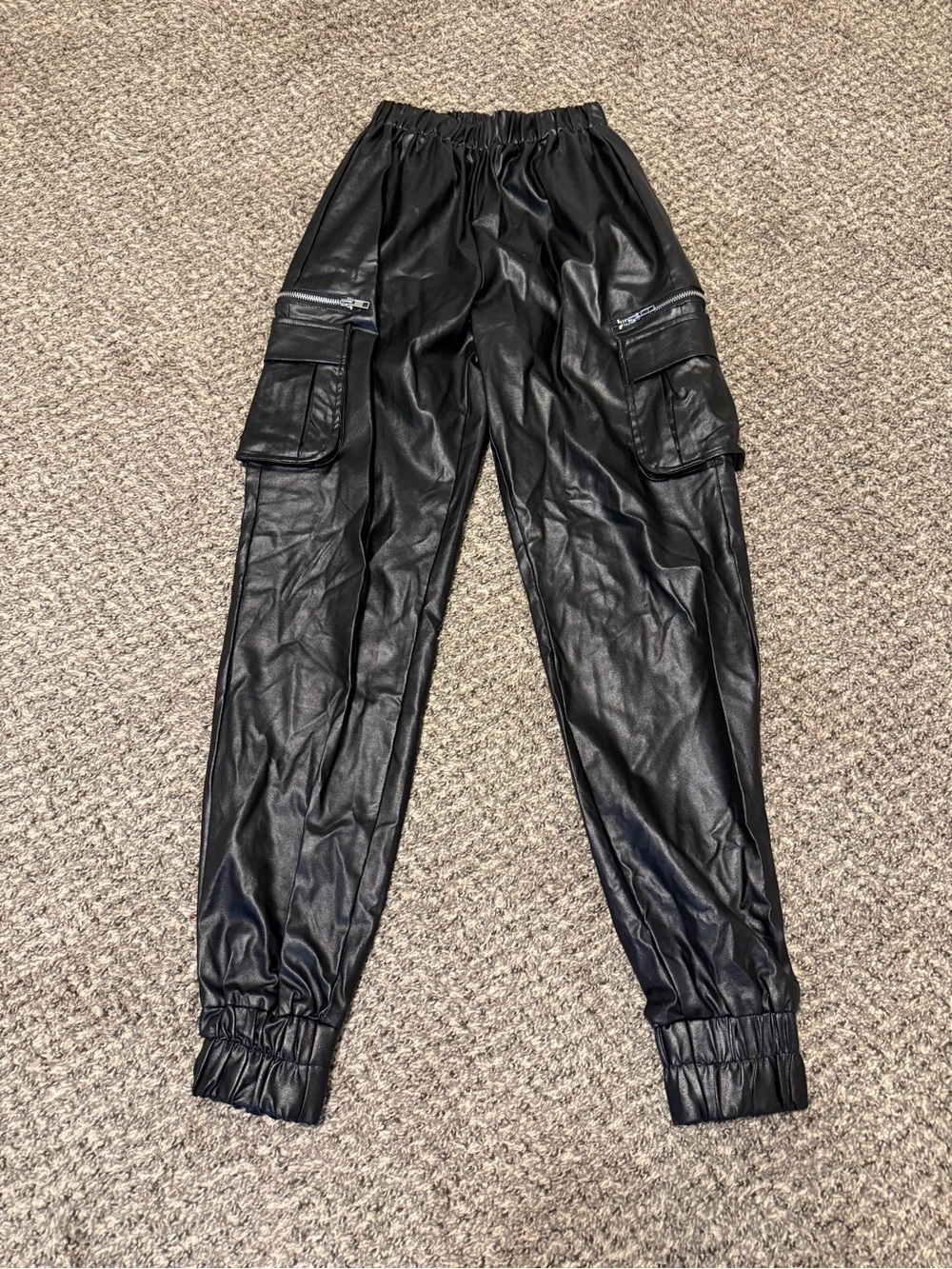PrettyLittleThing cargo black faux leather pants size 0 zipper moto biker
